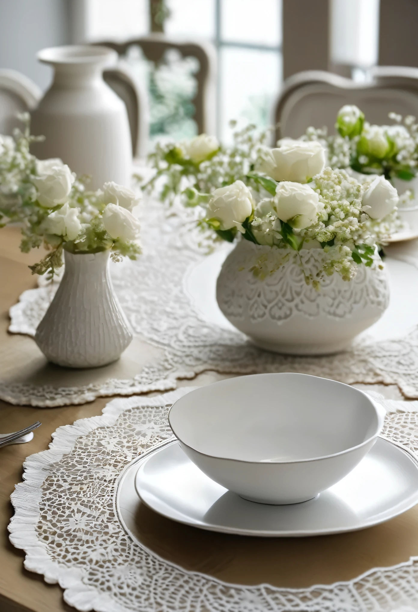 The white lace mat that is always on the dining table, The atmosphere becomes brighter, Lace mat under the plate, A cool impression created by combining natural items such as vases, Stylish interior, Quiet room, Flowing white lace, Delicate lace pattern, Competition of Light,