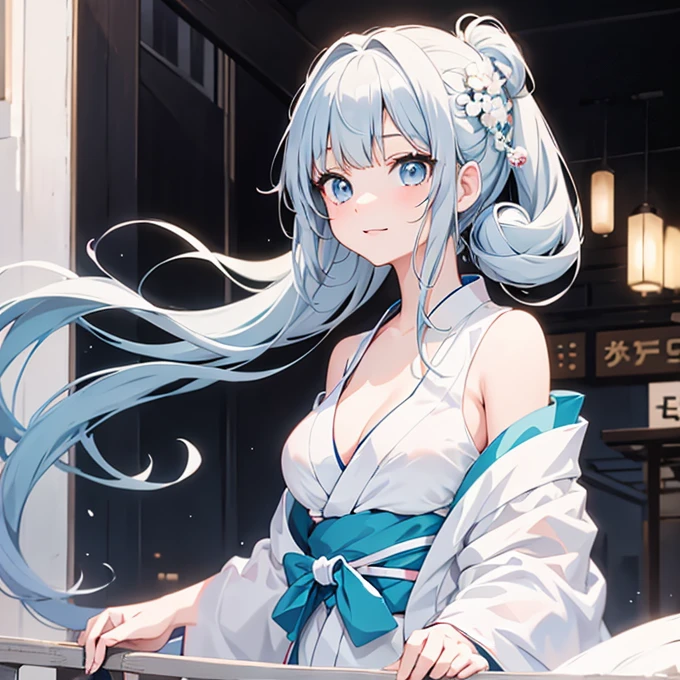 1人 anime style girl 18-year-old Long light blue hair White skin Yukata Facing forward upper body big breasts