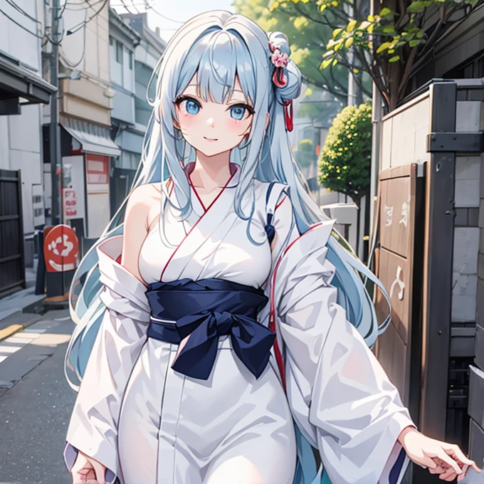 1人 anime style girl 18-year-old Long light blue hair White skin Yukata Facing forward upper body big breasts