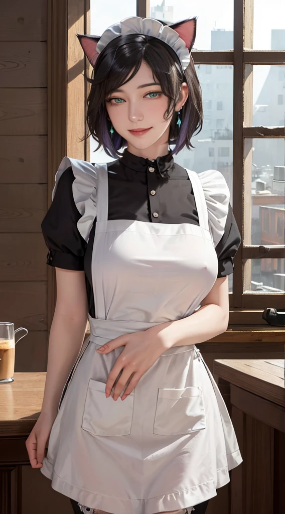 ((((masterpiece, best quality, high resolution)))), Extremely detailed 8K, Beautiful girl with voluptuous body, (Ultra HD, Ultra-detailed, Highly detailed, Highly realistic, Ultra-realistic, photograph realistic), (1girl:1.5), (Realistic black hair), (short wavy hair, hair ornaments, earrings), (dynamic poses), facing at camera, looking at viewer, (blushing red, embarrassed, smile), (green eyes, sharp eyes), (big perky breasts:1.2), (beautiful detailed face, beautiful detailed eyes), ((maid outfit, maid apron, cat ears headband)), (detail pussy), (standing up), sweat, glow, (sunbeam, sunlight), ((portrait shot)), coffee shop, seductive