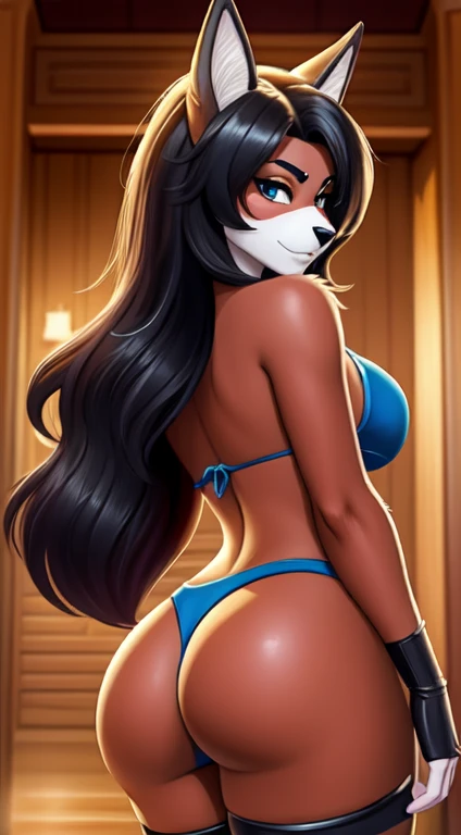 Bikini, cartoon style, sin cola, obra maestra, HD, preciso, anatomically correct, Super detail, alto detalle, mejor calidad, 16k, 1080P, grueso_muslos,grande , grande ass, high saturation, vistoso, detailed manga illustration, Zorro girl, (peludo: 1.21), Zorro_orejas, pelo flotante, mirando a la audiencia, dedos detallados, contour deepening