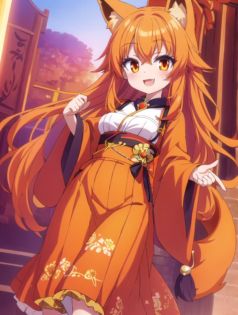fox girl, cute , smile, outfit random, orange hair, a fang, spiritual aura,
