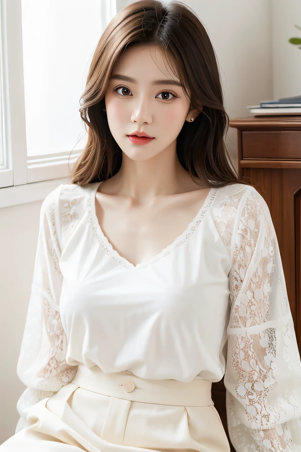 WhiteLace,Close-up of a woman wearing a WhiteLace shirt sitting on a bed, white Lace clothing, Loose top, white Lace, White, White shirt, WhiteLace Skirt,chiffon, White fashion clothes, Stylish White Clothing, wearing a White shirt, Lace, Wearing a shirt, Soft!!, dressed in white intricate Lace, cute top, Cream shirt