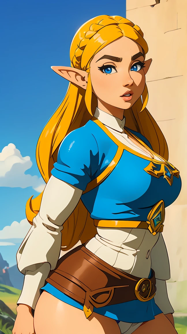 ((obra maestra)), ((mejor calidad)), (detallado), perfecto, solo, zelda, mujer hermosa, labios deliciosos, pelo largo, pecho enorme, escote profundo, pecho enormes, sexy,