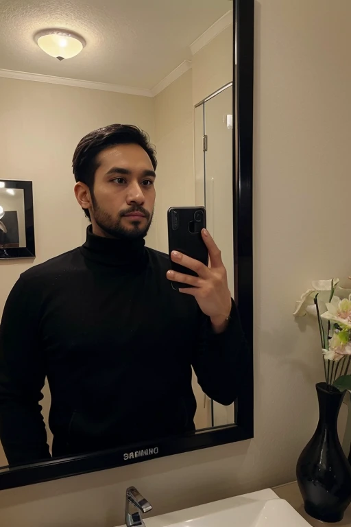 a handsome 30 year old man with an Indonesian face with a thin beard and a slightly fat body, wearing a black jacket and black turtleneck shirt is taking a photo of himself with a Samsung note 20 ultra facing the mirror in a hotel room. The picture is very realistic and super detailed