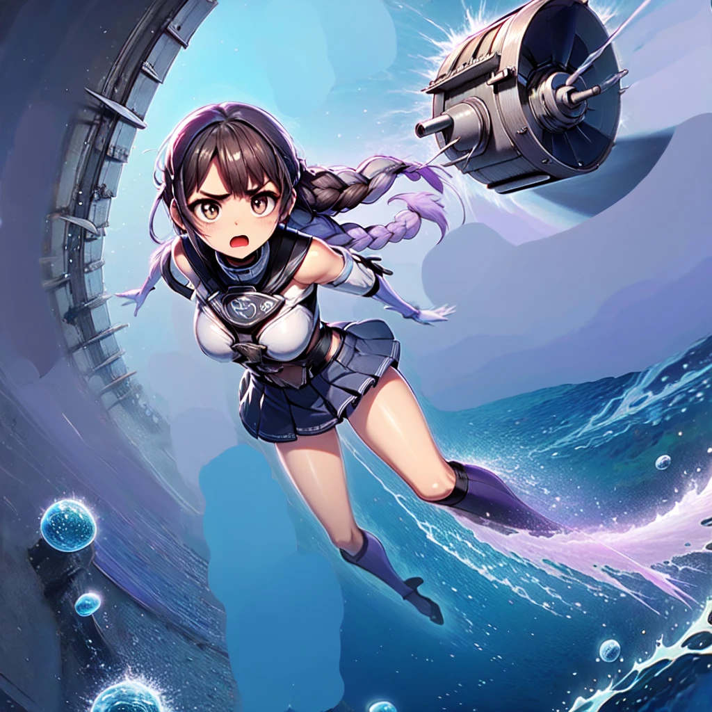 masterpiece,highest quality,Very detailed,One girl,alone,Scared,Panic,The pupils constrict,shout,V-shaped eyebrows,
Ah ah,Long Hair,Brown Hair,Braiding,Brown eyes,Exposing shoulders,armor,breastplate,White sleeves,Removable sleeves,Red Skirt,Pleated skirt,White knee socks,
(((Electric Turbine,Industrial Pipes,fan,swimming,Air bubbles,In the water))),