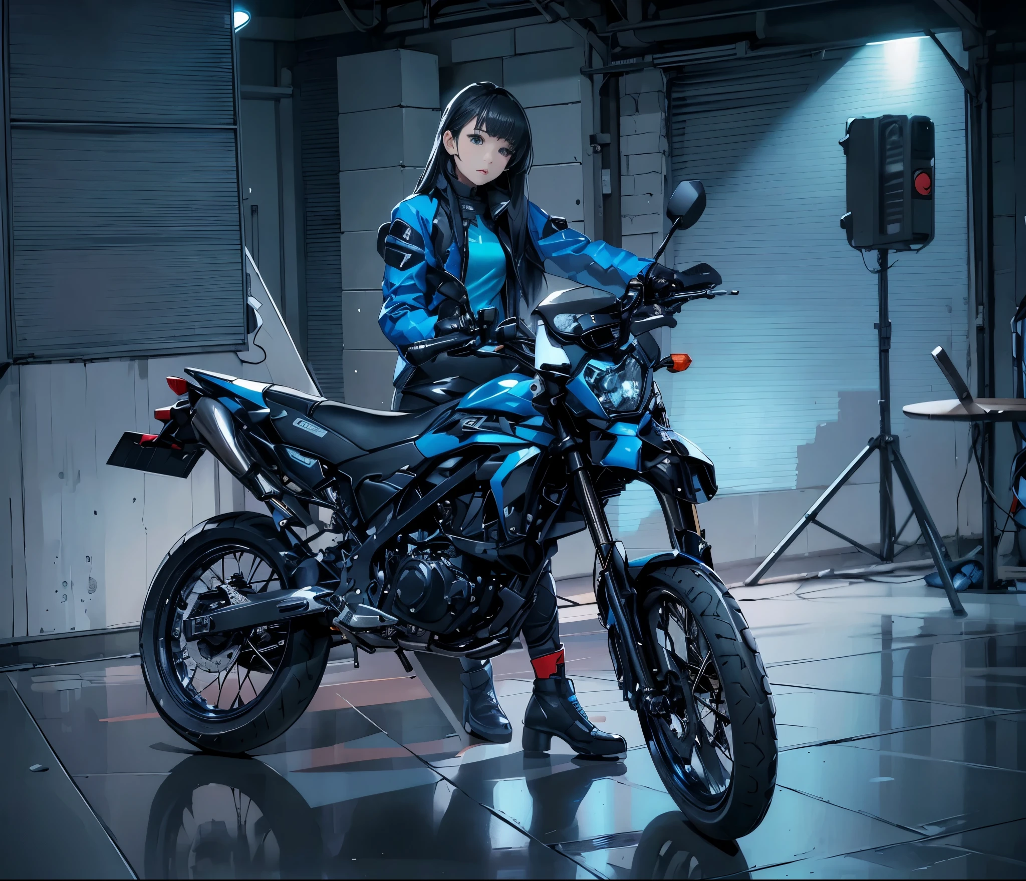 1 Girl、motorcycle、solo、gloves、Long sleeve、Blue jacket、boots、Outdoor、Black gloves、pants、Black footwear、Blur、From the side、Black pants、leather、biker clothes、motorcycle