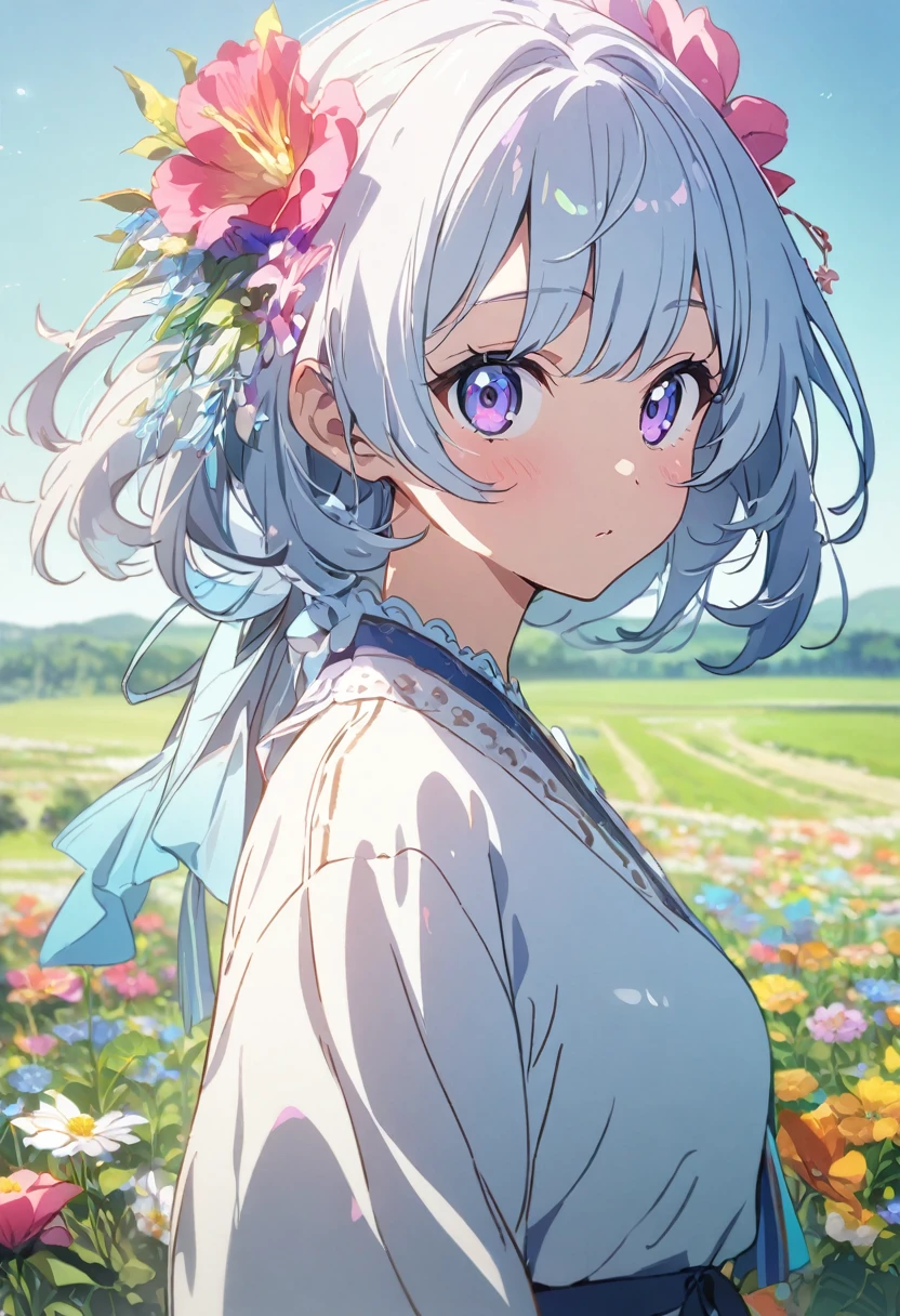 1 Girl, One, masterpiece, Upper body, pasture, I look at the viewer, flower, hair flower, simple background, anime style, vibrant colors, uhd