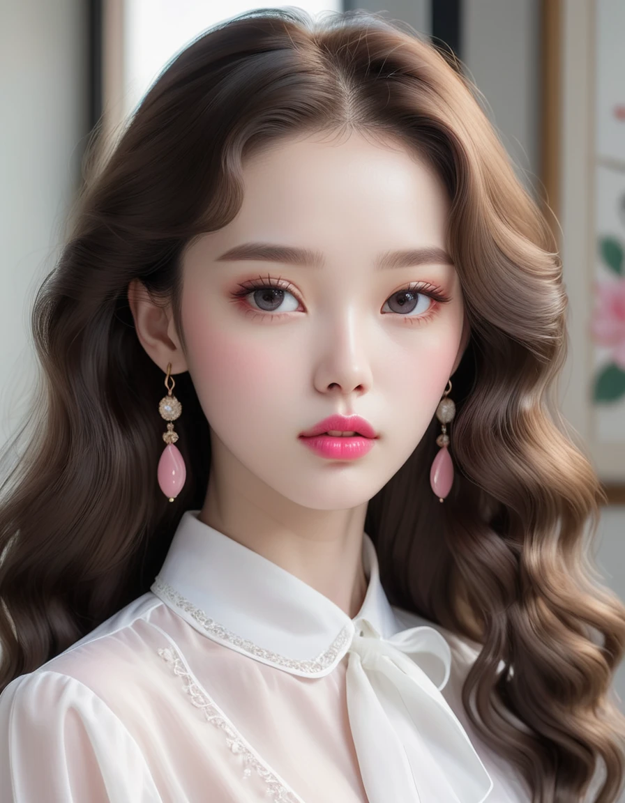 Facing ahead(front view), Long hair permed up:1.5,no hat:1.5, pink lips, woman wearing blouse, White skin, artwork in the style of 구웨이즈, soft portrait 8k, pale ,  pale 피부, Elegant woman with clear skin,