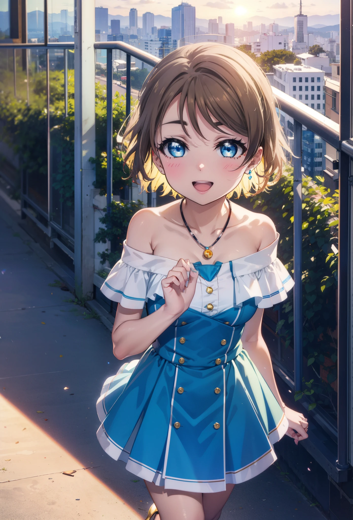 Yo Watanabe, Yu Watanabe, short hair, blue eyes, Brown Hair, smile, happy smile, smile, Open your mouth,Orange hair band,Rocket Pendant,Off-the-shoulder blue dress,Bare neck,Bare shoulders,bare clavicle,Blue long skirt,Cute stiletto heels,evening,Sunset,walking,The sun is setting,whole bodyがイラストに入るように,Looking down from above,
break outdoors, Coastal Road,Building district,
break looking at viewer, whole body,
break (masterpiece:1.2), highest quality, High resolution, unity 8k wallpaper, (figure:0.8), (Beautiful fine details:1.6), Highly detailed face, Perfect lighting, Highly detailed CG, (Perfect hands, Perfect Anatomy),