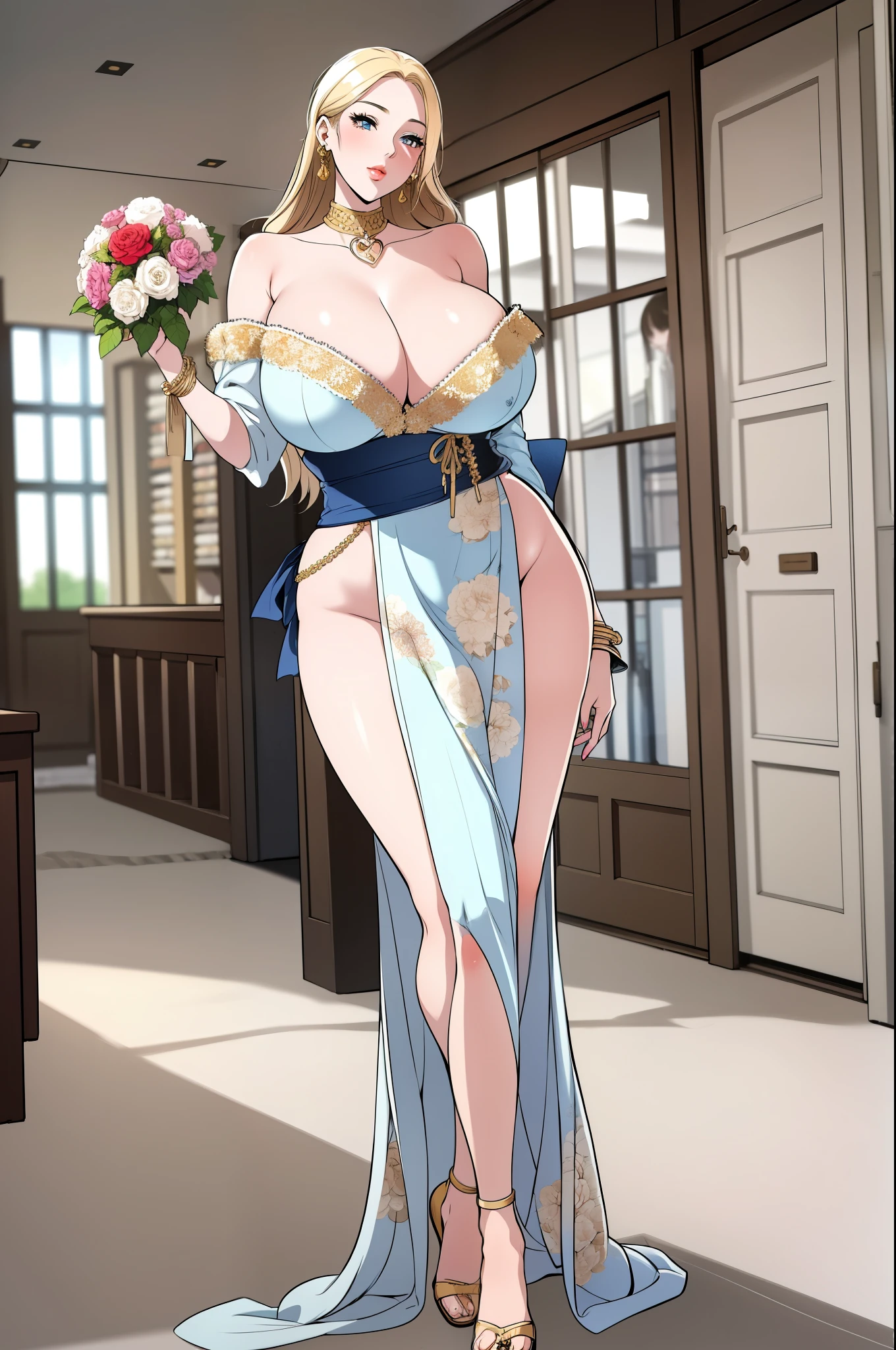 An extremely beautiful busty woman, with gold blonde long silky hair, blue oceanic eyes, extremely super bright snow white fair stunning flawless glowing lush shiny white skin, and complexion, a perfect tight hourglass figure, a thick plump ass, cleavage, and perfect hips, wearing a short loose revealing yellow floral dress with a sash around waist with a white off-shoulder cardigan, yellow heels, jewelry on the neck, silver bangles on her wrist, and gold anklets on her legs, gold earrings, gold chain on the waist, a shiny blue ring on the finger, a cute adorable smile on pink puffy lips, pink nails, red rose on hair, standing straight, holding a big bouquet, looking at the viewer, big house in the background, day time, show full body from head to feet.