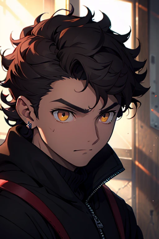 Alta calidad, 11 year old boy, curly short red and black hair, black pearcing right ear, Intense yellow eyes