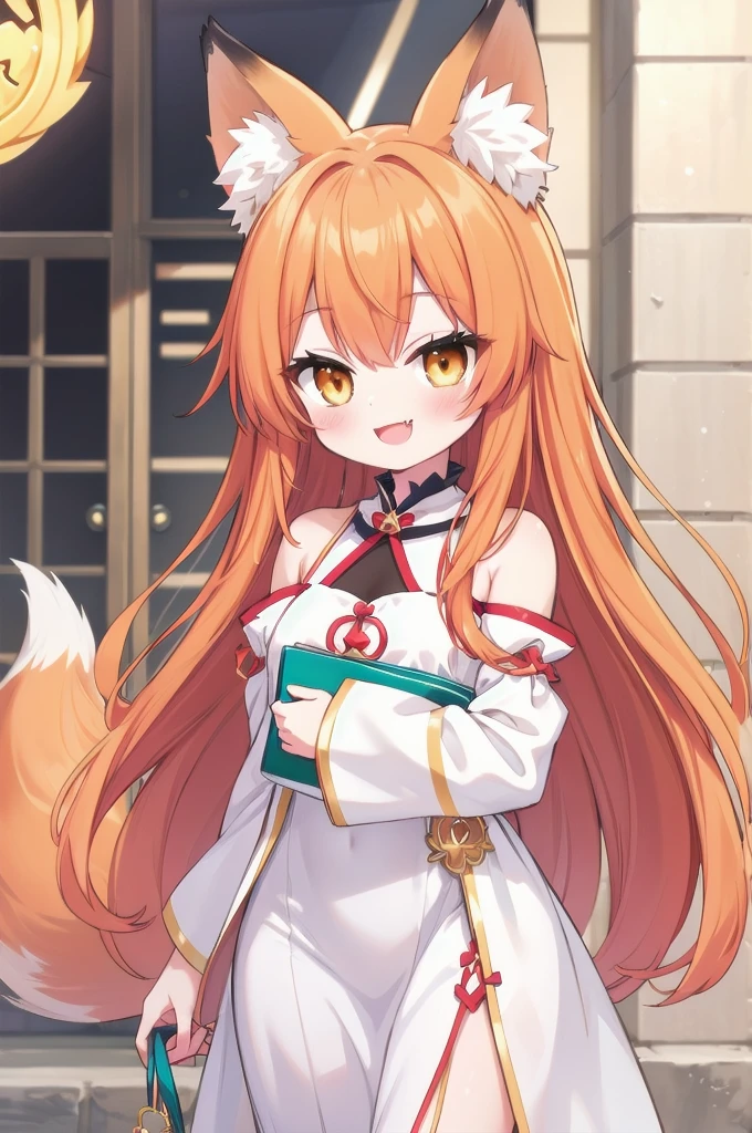 fox girl, cute , smile, outfit random, orange hair, a fang, spiritual aura, cute white long dress