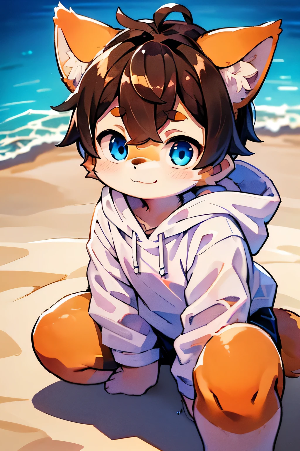 Summer beach, squatting,( mischievous smile, Shiba Inu beastman, light blue eyes, *brown hair*, fluffy boy, cute, orange fur) hoodie, orange and white fur on face,