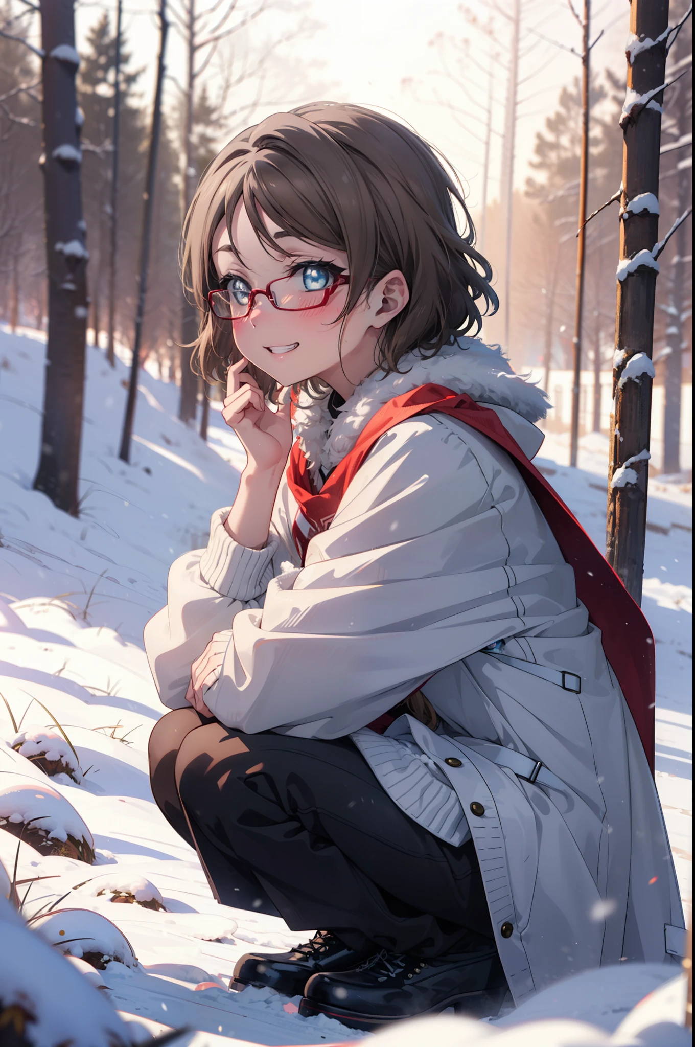 Yo Watanabe, Yu Watanabe, short hair, blue eyes, Brown Hair, smile, Grin,Medium Breast,Black-rimmed glasses,
Open your mouth,snow,Ground bonfire, Outdoor, boots, snowing, From the side, wood, suitcase, Cape, Blurred, having meal, forest, White handbag, nature,  Squat, Mouth closed, Cape, winter, Written boundary depth, Black shoes, red Cape break looking at viewer, Upper Body, whole body, break Outdoor, forest, nature, break (masterpiece:1.2), highest quality, High resolution, unity 8k wallpaper, (shape:0.8), (Beautiful and beautiful eyes:1.6), Highly detailed face, Perfect lighting, Extremely detailed CG, (Perfect hands, Perfect Anatomy),