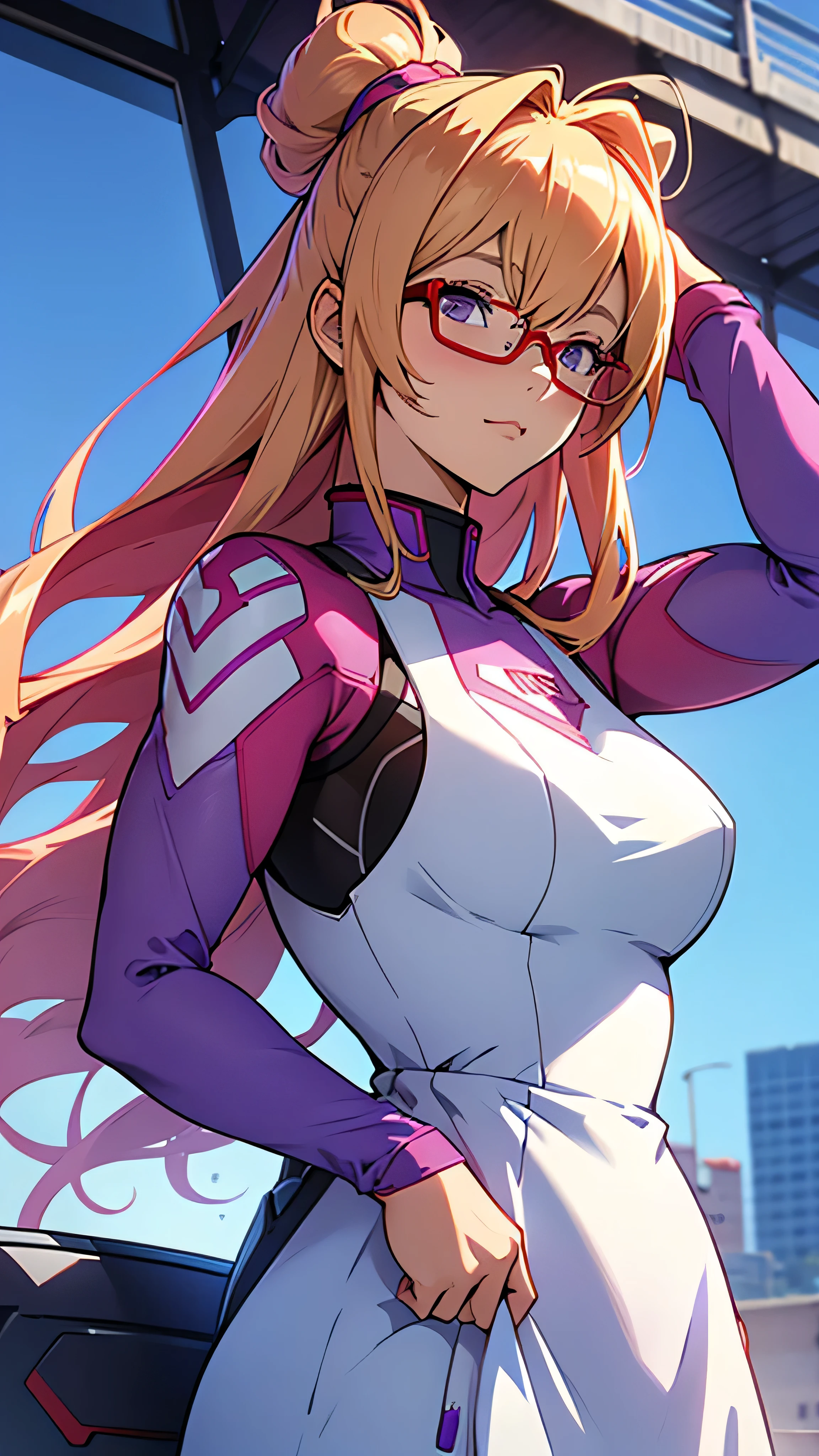 anime,An illustration,purple robot,Mobile Suit,Dom,Light blue check dress,Red Glasses,Blonde,Light blue mesh hair,beautiful girl,Sora Sakurano,one person