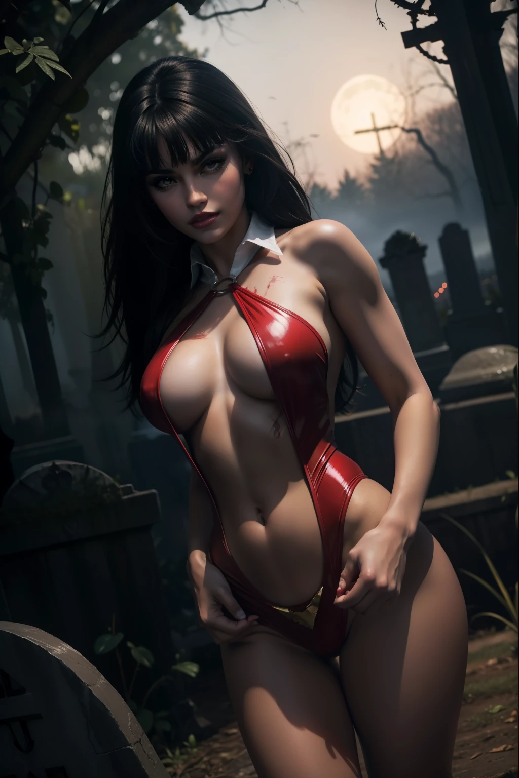 sensual vampirella wearing a deep V red swimsuit, respingos de sangue, Night at the cemetery, pele oleosa e brilhante, athletic and fit body, danadinho, sacanagem, perfect hands, detailed hands, olhos perfeitos, olhos detalhados,  provocante, sensual, danadinho, peitos grandes e empinados, realista, HDR, UHD, dynamic, vista frontal, dark outside. luar, Olhos vermelhos brilhantes