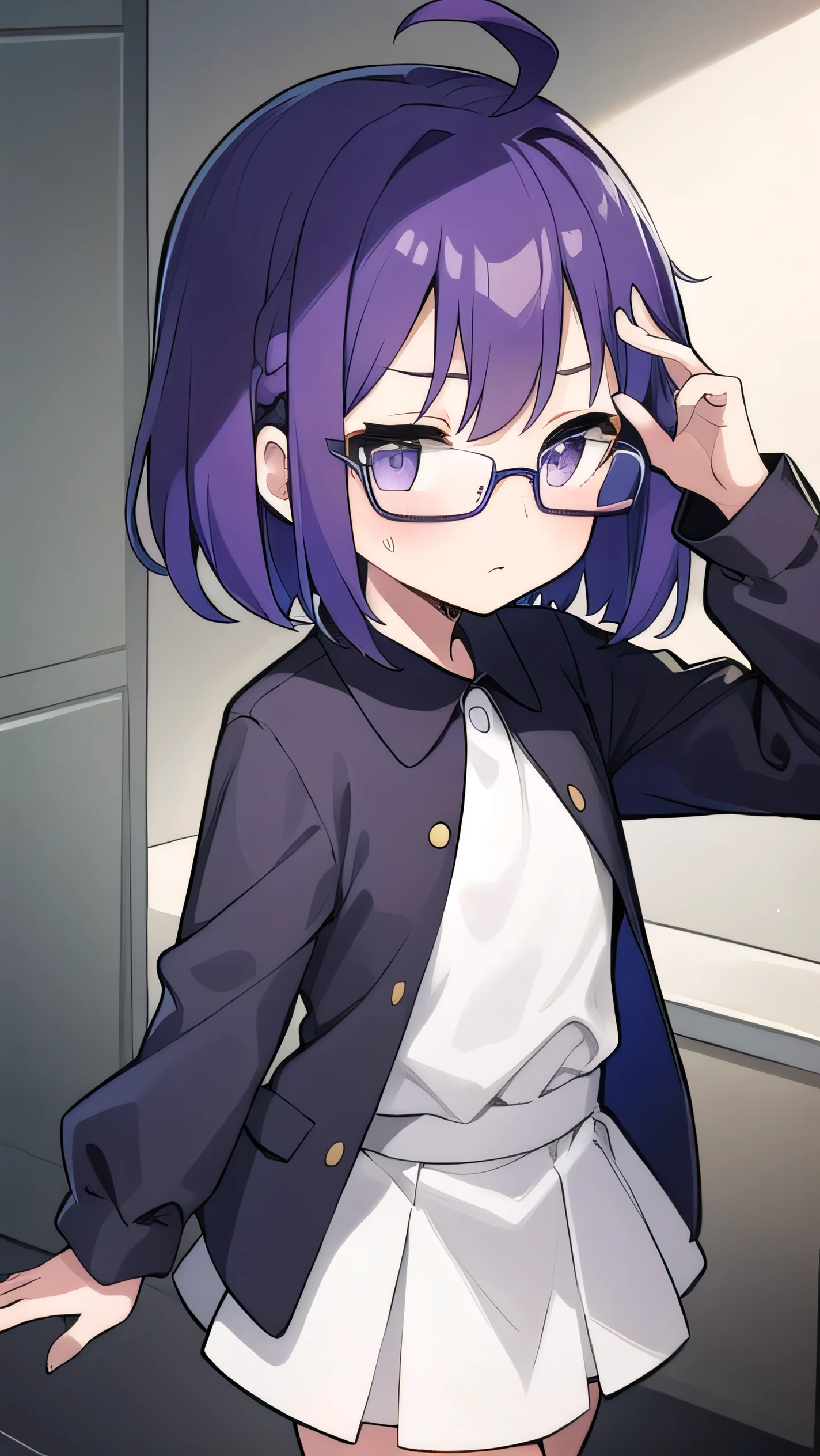 (Purple hair:1.4), gray eyes, white , navy blue miniskirt, , short, short long hair, kind expression, shy, , almost no breasts, slightly exposed. hair,(flipped hair ), flipped hair, long sleeves, ahoge, girl alone, flipped hair, flipped hair, flipped hair, flipped hair, glasses with no edges, embarrassed, flat chest