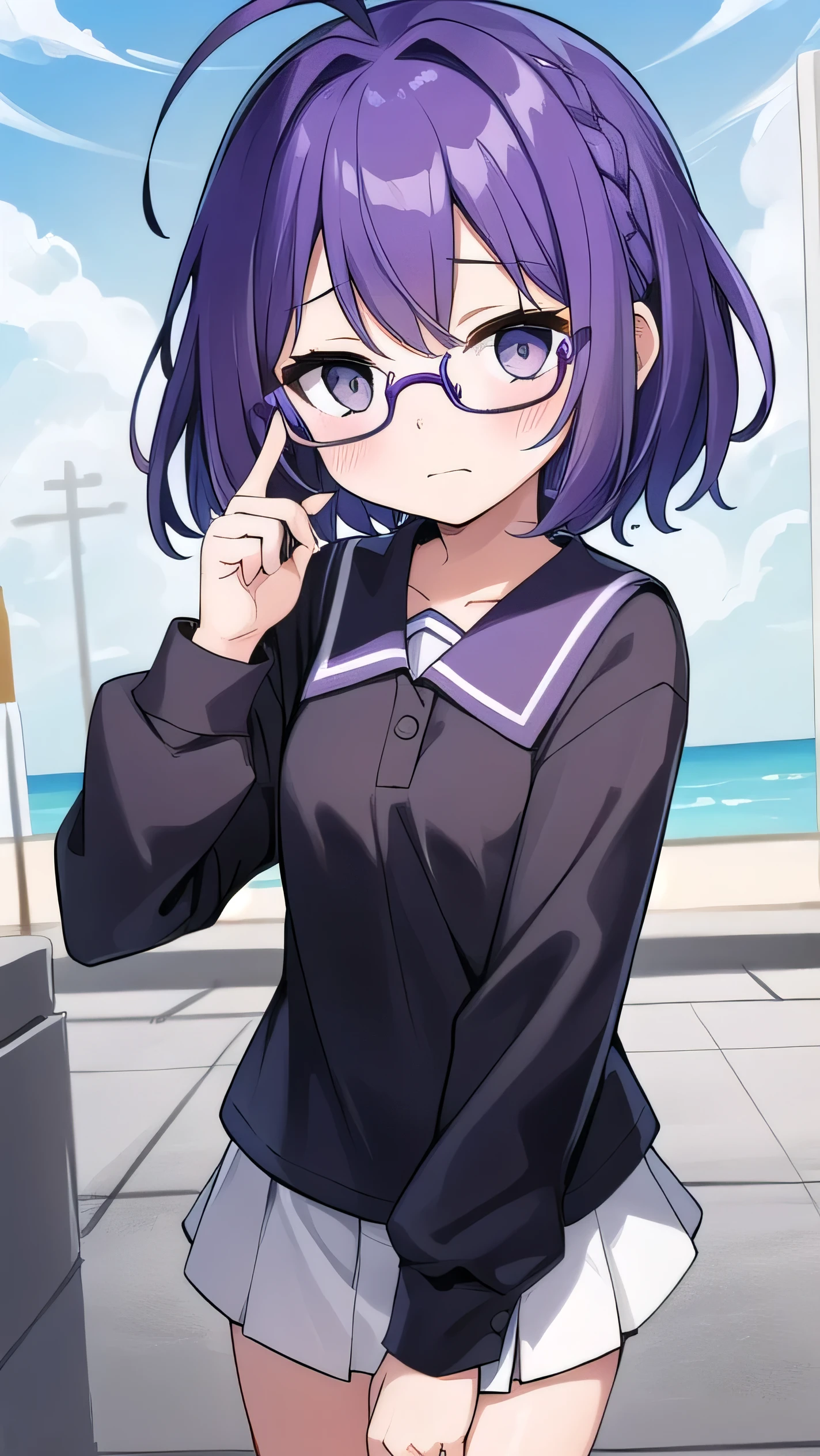 (Purple hair:1.4), gray eyes, white , navy blue miniskirt, ************, short, short long hair, kind expression, shy, , almost no breasts, slightly exposed. hair,(flipped hair ), flipped hair, long sleeves, ahoge, girl alone, flipped hair, flipped hair, flipped hair, flipped hair, glasses with no edges, embarrassed, flat chest