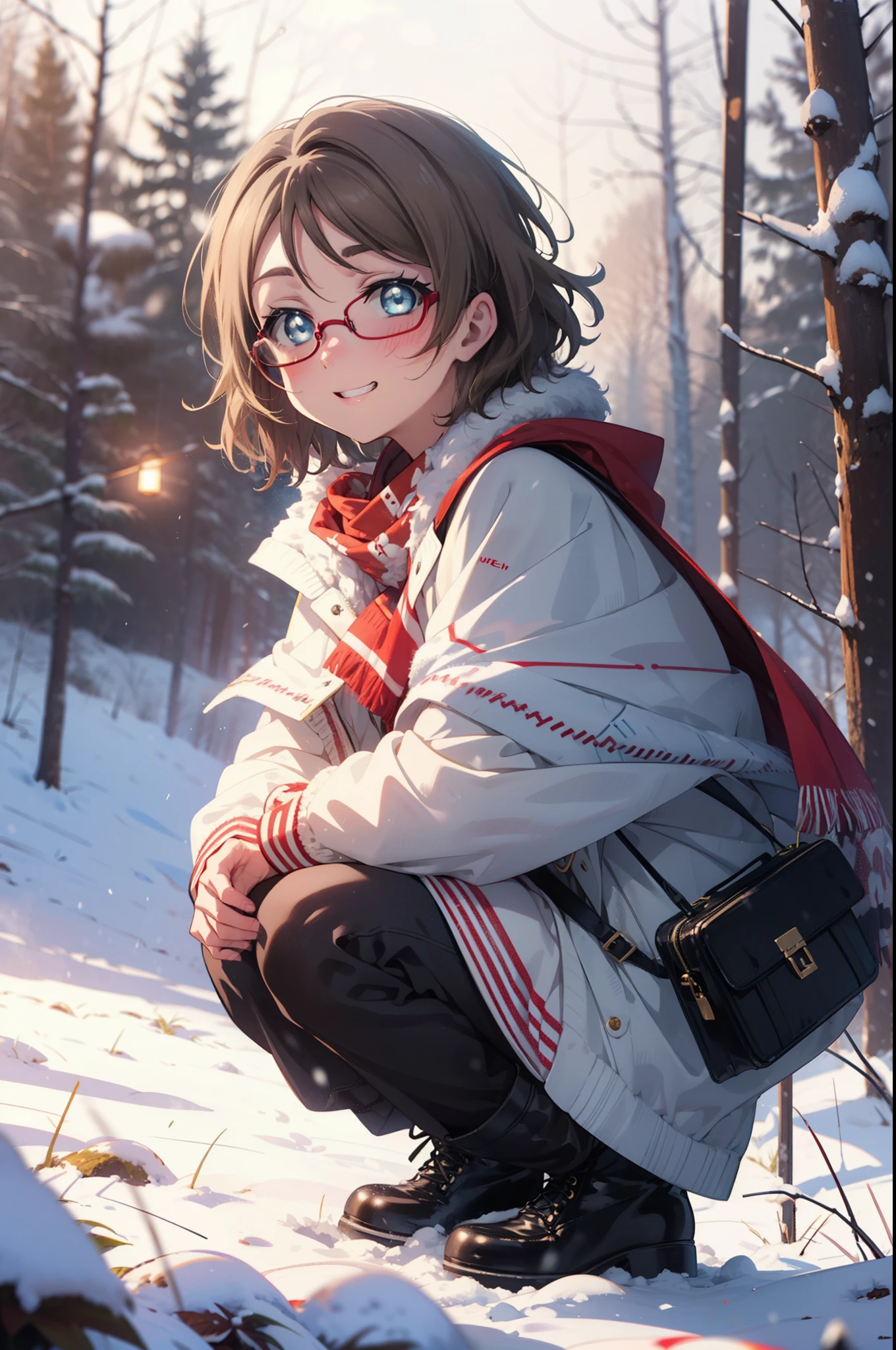 Yo Watanabe, Yu Watanabe, short hair, blue eyes, Brown Hair, smile, Grin,Medium Breast,Black-rimmed glasses,
Open your mouth,snow,Ground bonfire, Outdoor, boots, snowing, From the side, wood, suitcase, Cape, Blurred, having meal, forest, White handbag, nature,  Squat, Mouth closed, Cape, winter, Written boundary depth, Black shoes, red Cape break looking at viewer, Upper Body, whole body, break Outdoor, forest, nature, break (masterpiece:1.2), highest quality, High resolution, unity 8k wallpaper, (shape:0.8), (Beautiful and beautiful eyes:1.6), Highly detailed face, Perfect lighting, Extremely detailed CG, (Perfect hands, Perfect Anatomy),