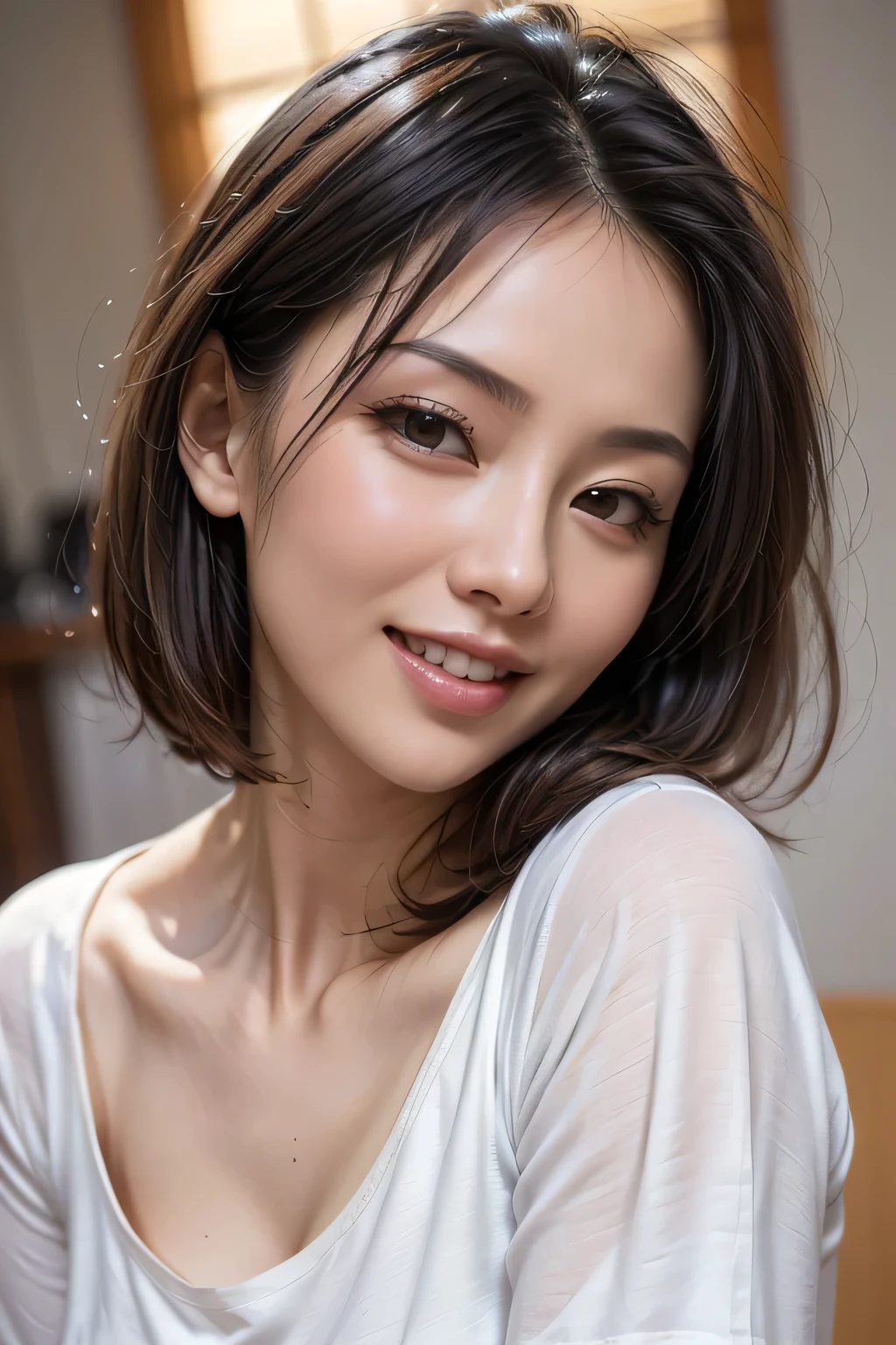 (8k, RAW Photos, highest quality, masterpiece, Realistic, Realistic), (1 female), (The ultimate beautiful Japanese mature), Highly detailed face, (Perfect Teeth), Beautiful Eyes, double eyelid, eyelash, ((smile)), Lip details, (Neat brunette bob), The light shines on your face, (Big Breasts), ((Blue T-shirt)), (Upper Body), ((background: none))