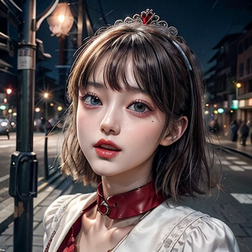 masterpiece of professional Analog photo, realistic and photorealistic with touch of rawness, (a close-up portrait of a woman wearing thongs on a city street), Dusk violet Sky, intricate lighting effects with light particles, (many colorful lights dazzling bokeh), Traffic lights, a crowd of fashionable street girls in the background, { Childish | Gigantic Cleavage }, (((NOGIZAKA))) Extremely Detailed very KAWAII face variation, perfect anatomy, captivating gaze, elaborate detailed Eyes with (sparkling highlights:1.2), long eyelashes、Glossy RED Lips with beautiful details, Coquettish tongue, Rosy cheeks . (Dynamic joyful expressions), { Ecstasy | :D | screaming | Perplexed }, Mystic sight . hair and eye color is same color, { Red leather high collar | Red ribbon }, from diagonally angle. short bob, Mini Crown .