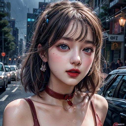 masterpiece of professional Analog photo, realistic and photorealistic with touch of rawness, (a close-up portrait of a woman wearing thongs on a city street), Dusk violet Sky, intricate lighting effects with light particles, (many colorful lights dazzling bokeh), Traffic lights, a crowd of fashionable street girls in the background, { Childish | Gigantic Cleavage }, (((NOGIZAKA))) Extremely Detailed very KAWAII face variation, perfect anatomy, captivating gaze, elaborate detailed Eyes with (sparkling highlights:1.2), long eyelashes、Glossy RED Lips with beautiful details, Coquettish tongue, Rosy cheeks . (Dynamic joyful expressions), { Ecstasy | :D | screaming | Perplexed }, Mystic sight . hair and eye color is same color, { Red leather high collar | Red ribbon }, from diagonally angle. short bob, Mini Crown .