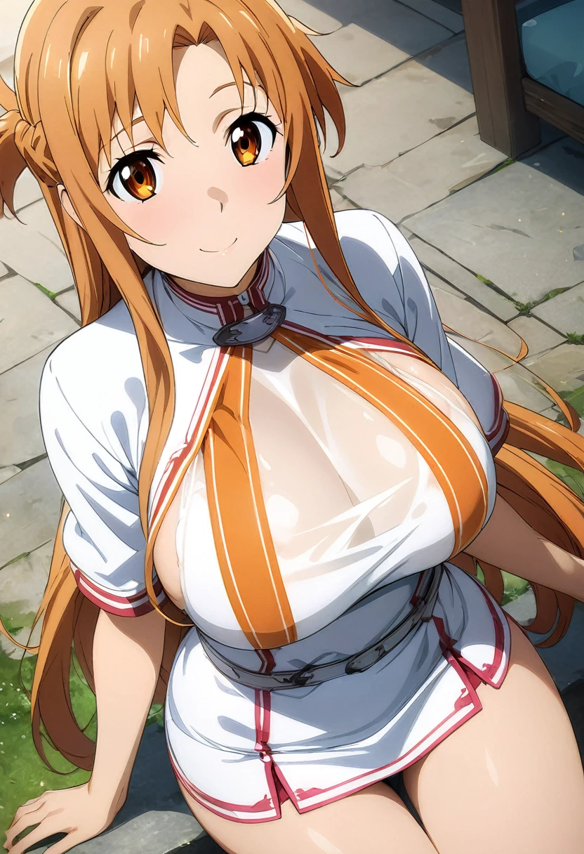 masterpiece,, alone, Asuna, ((masterpiece)), High resolution, Anime painting、 Bright orange hair, Cute Smile、Skirt floats、Panty shot、Big Breasts、Shot from above、A tight fitting white short sleeve knit、tops