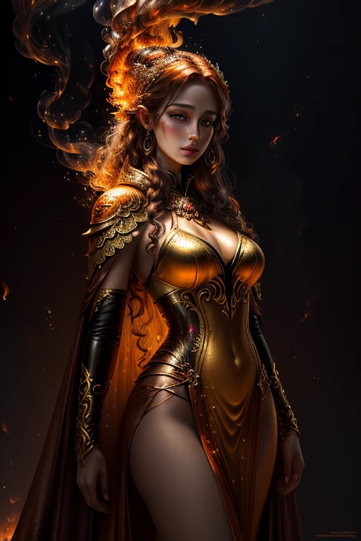 It is (realistic fantasy) el arte withtiene brasas, real flames, real heat, and realistic fire. Generate a masterpiece artwork of a female fire druid with large (((orange and gold))) eyes. The fire druid is awe-inspiring with beautiful ((Realistic burning eyes)) alight with withfidence and power. His features are elegant and well defined.., with ((Soft and swollen lips)), elven bone structure, and realistic shading. ((Extremely realistic details, Macro details, and shine.)) She wears a billowing, shimmering dress made of realistic flames and jewels that sparkle in the firelight... Wisps of fire and smoke border the dress's intricate bodice.. Include bumps, stones, burning iridescence, glowing embers, silk & satin & leather, an interesting background, and heavy fantasy elements. camera: Use dynamic compositing techniques to enhance realistic flames., long blond hair