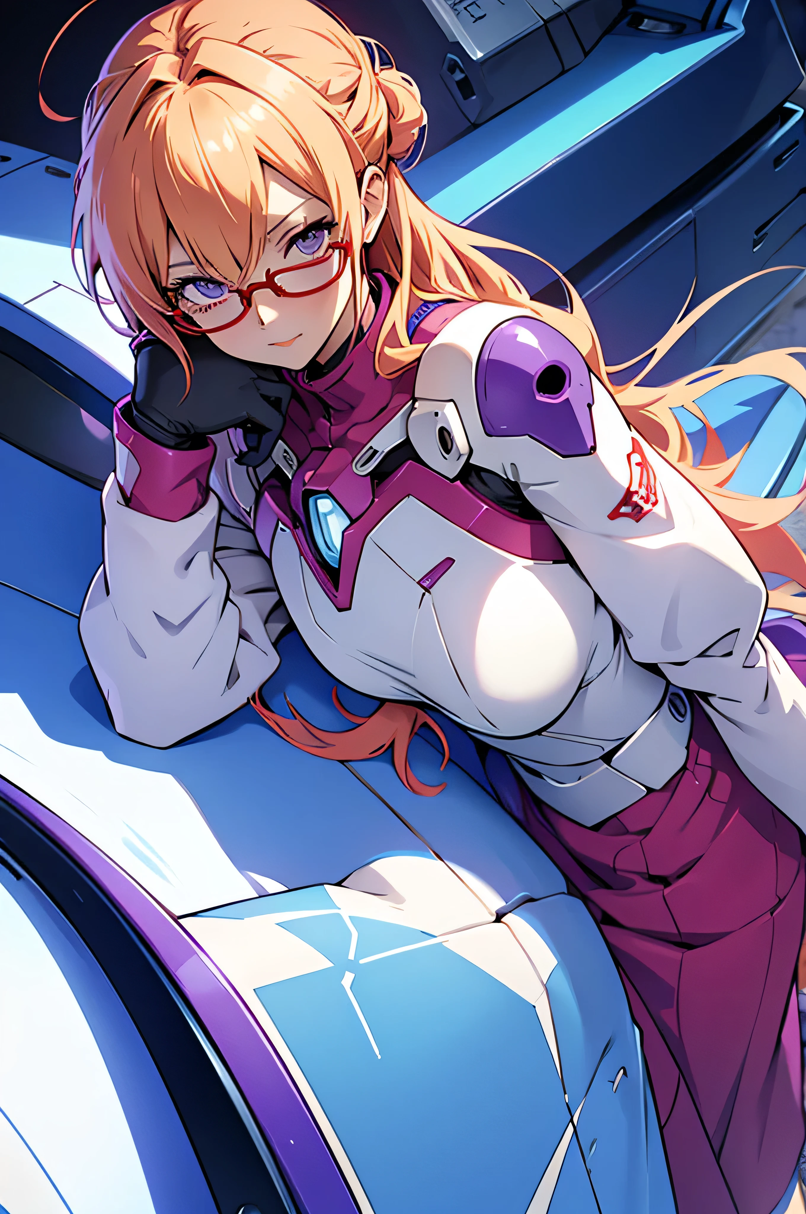 anime,An illustration,purple robot,Mobile Suit,Dom,Light blue check dress,Red Glasses,Blonde,Light blue mesh hair,beautiful girl,Sora Sakurano,one person