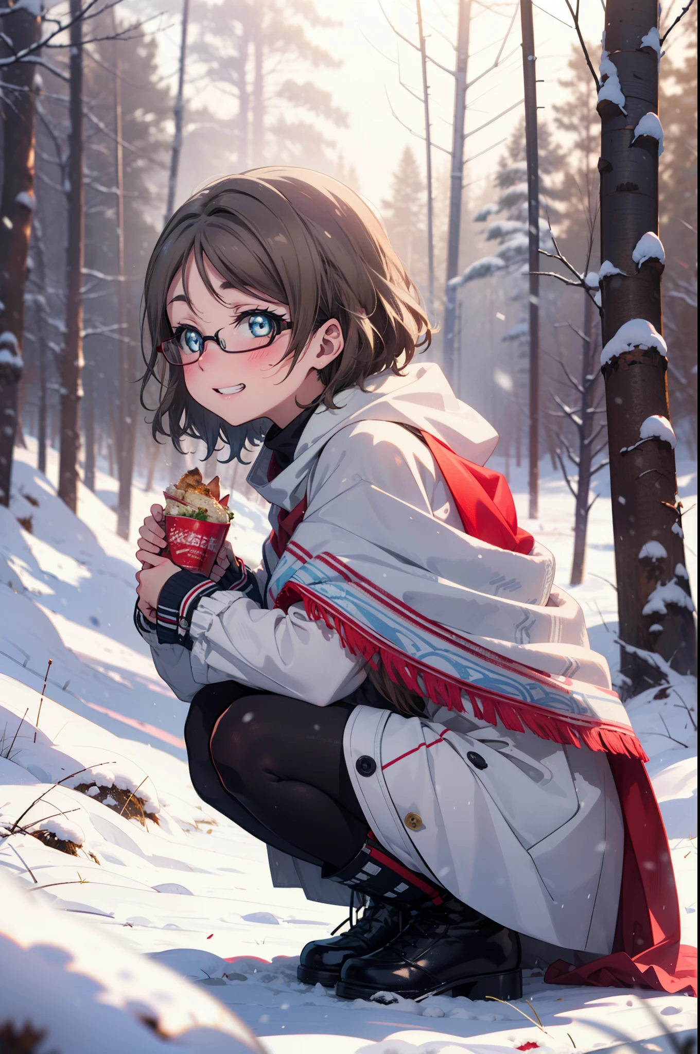 Yo Watanabe, Yu Watanabe, short hair, blue eyes, Brown Hair, smile, Grin,Medium Breast,Black-rimmed glasses,
Open your mouth,snow,Ground bonfire, Outdoor, boots, snowing, From the side, wood, suitcase, Cape, Blurred, having meal, forest, White handbag, nature,  Squat, Mouth closed, Cape, winter, Written boundary depth, Black shoes, red Cape break looking at viewer, Upper Body, whole body, break Outdoor, forest, nature, break (masterpiece:1.2), highest quality, High resolution, unity 8k wallpaper, (shape:0.8), (Beautiful and beautiful eyes:1.6), Highly detailed face, Perfect lighting, Extremely detailed CG, (Perfect hands, Perfect Anatomy),