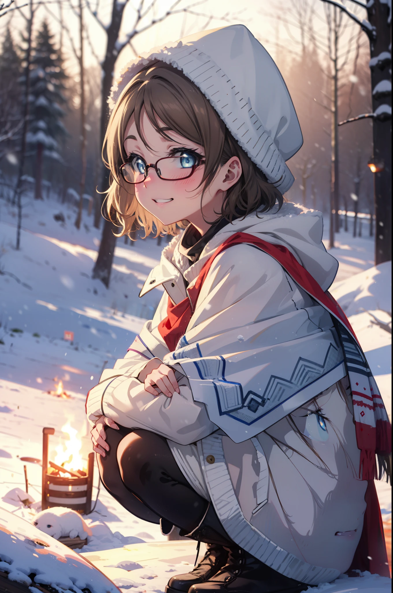 Yo Watanabe, Yu Watanabe, short hair, blue eyes, Brown Hair, smile, Grin,Medium Breast,Black-rimmed glasses,
Open your mouth,snow,Ground bonfire, Outdoor, boots, snowing, From the side, wood, suitcase, Cape, Blurred, having meal, forest, White handbag, nature,  Squat, Mouth closed, Cape, winter, Written boundary depth, Black shoes, red Cape break looking at viewer, Upper Body, whole body, break Outdoor, forest, nature, break (masterpiece:1.2), highest quality, High resolution, unity 8k wallpaper, (shape:0.8), (Beautiful and beautiful eyes:1.6), Highly detailed face, Perfect lighting, Extremely detailed CG, (Perfect hands, Perfect Anatomy),