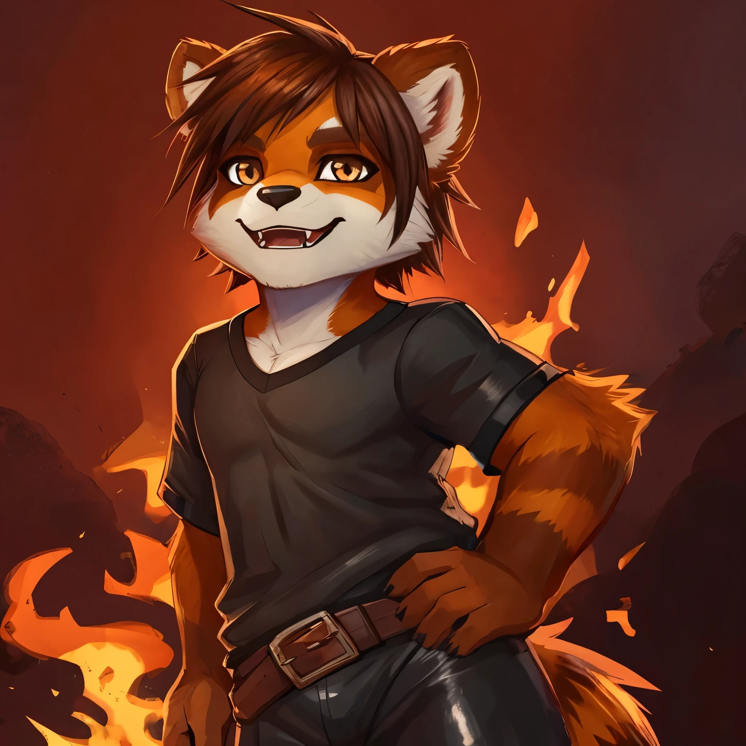 small_animal_ears, small_panda_ears, pandaren, world_of_warcraft, anthropomorphic, short_brown_hair, amber_eyes, 1boy, fantasy, long_fluffy_tail, foxtail, 4fangs, original_character, red_panda, athletic, fire_background, long_shirt, leather_pants,