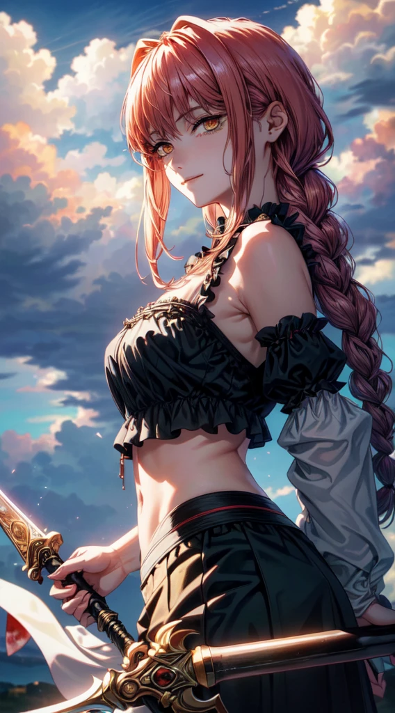 ((best quality)), ((masterpiece)), (detailed),masterpiece, best quality, 1boy, close-up, portrait, dk_astolfo, smirk, looking at viewer, from side, from above, navel, , skirt, single braid,, supernatural charm, mystical sky, (Luis Royo:1.2), (Yoshitaka Amano:1.1), moonlit night, night, soft colors, (detailed cloud landscape:1.3), (high resolution:1.2), (holding weapon), a lot of blood on her body, blood,