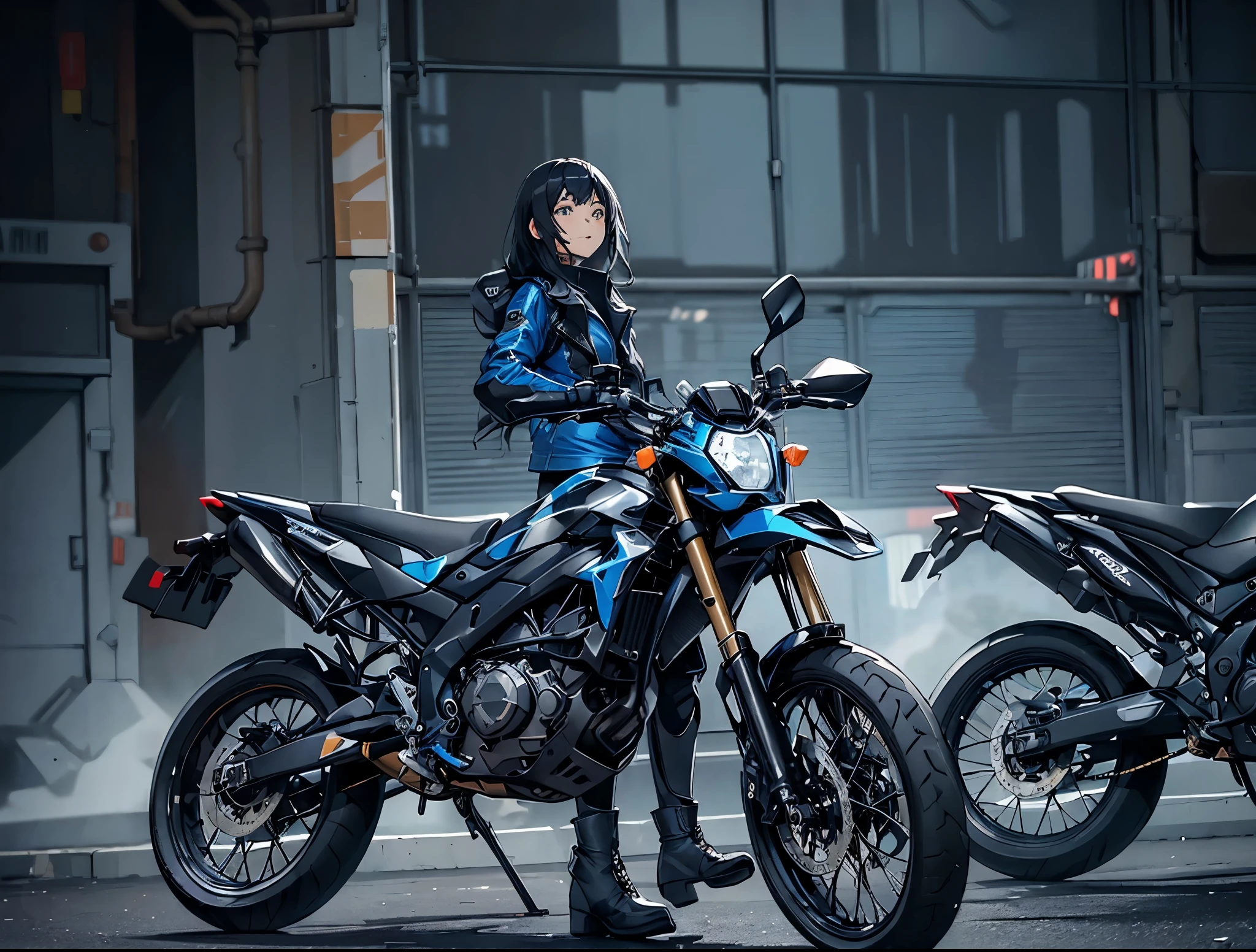 1 Girl、motorcycle、solo、gloves、Long sleeve、Blue jacket、boots、Outdoor、Black gloves、pants、Black footwear、Blur、From the side、Black pants、leather、biker clothes、motorcycle