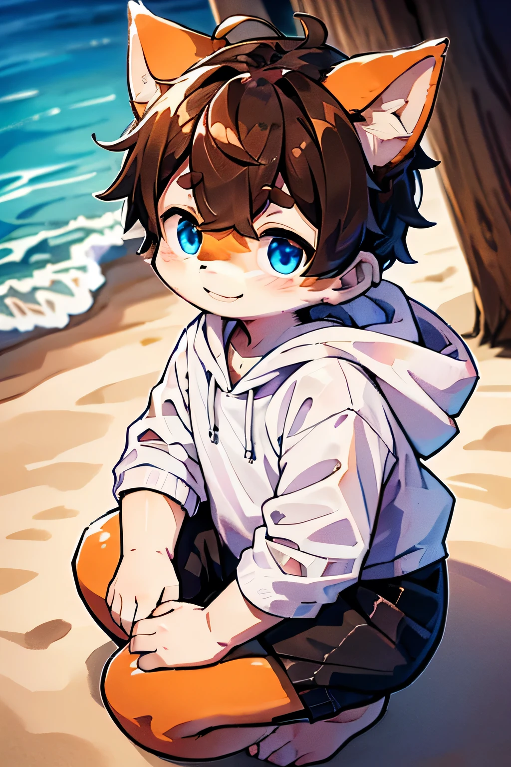 Summer beach, squatting,( mischievous smile, Shiba Inu beastman, light blue eyes, *brown hair*, fluffy boy, cute, orange fur) hoodie, orange and white fur on face,