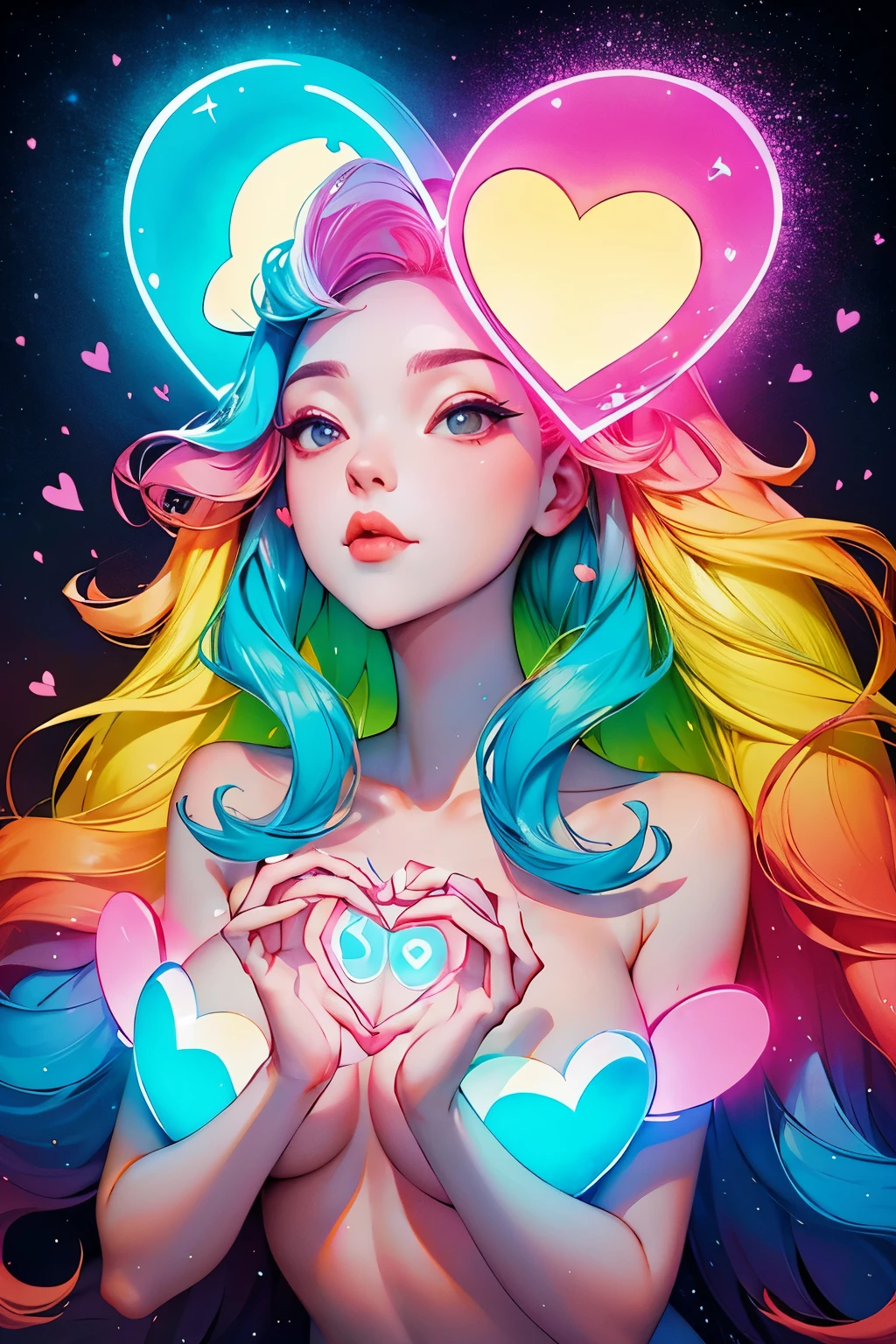 Girl in love，portrait，Many hearts are shining in the sky，flashing love，Glowing Heart，heart-shaped，flashing love：1.5，high saturation，bright colors