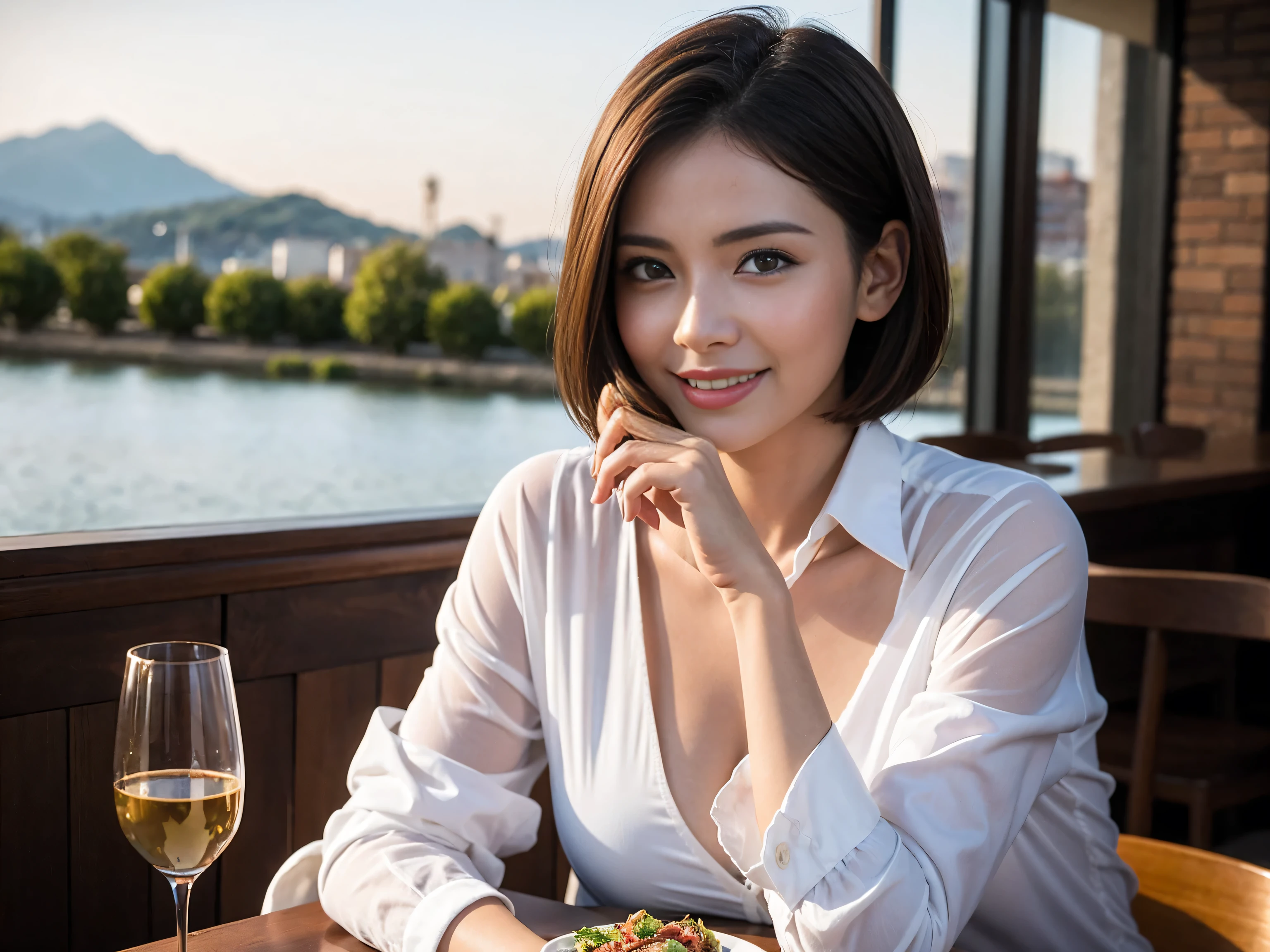 ((highest quality、8k、masterpiece:1.3))、wine 、1 male、1 female、Couple、Lovers Couple、Slim body、((Bob Hale、Straight hair:1.2)), (Realistic, Intricate details:1.2), テーブルにWine Glass、Put the light on your face、 Amazing view of the sunset sky and clouds、Amazing mountain views、A bright smile、The wonderfulness of smile、Bright image、The beauty of wine, Beautiful Face, blue eyes, The light shines on your face, Blushing, short hair,Bright Face、 (Age 42), 39 years old, Red wine 、Appetizers、Italian food、wine bottle、Champagne、Sparkling wine、Two beauties、Brown Hair、Shortcuts、Long sleeve shirt、dress、Pretty Woman 1, (Slim face), (The body is slim), (Brown Hair), (Shortcuts), cheeks turn a little red,Attractive beauty、restaurant, In a prominent place (From the waist up) Nova Frog Style, actress, model, Upper Body, White wine, slim, Wine Glass, 真ん中に置かれたWine Glass, smile, (smile: 1.15), Beautiful fine grain, Depth f/2,saturation, High Contrast, Strong light and shadow,Moist Body:1.5、3D texture、Delicate eyes、Brown Hair、The hair is very shiny、