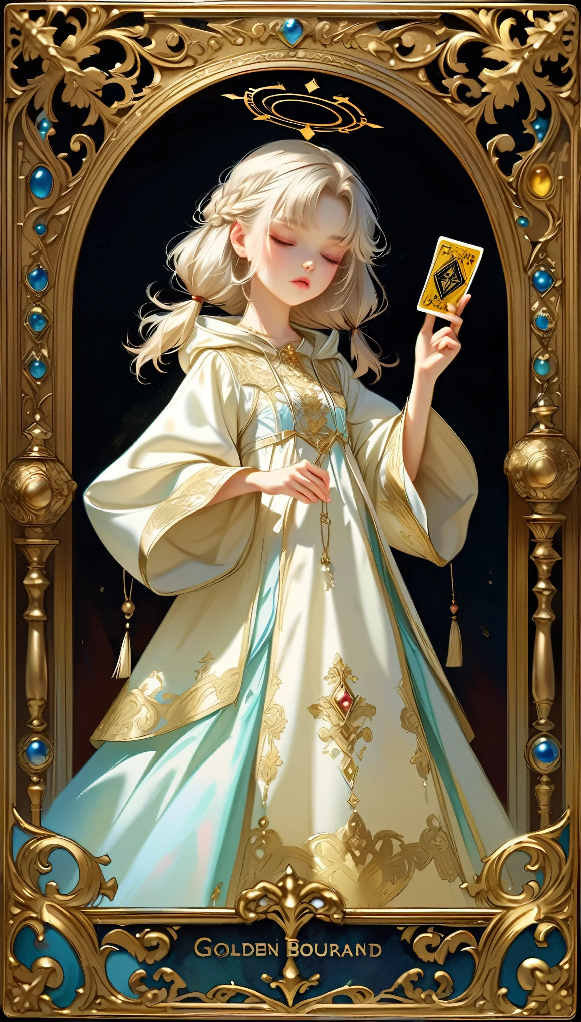 Style 3,Style 10, 1 girl, boundary, golden boundary, Gold Card, golden tarot, Priest, Holder, Golden Halo, Thick robe, Cowboy shooting, Broken into pieces, thick layeRed dress, Intricate details, Intricate details, detailed boundary, Red, Black, Princess, Princess hair, Long silver hair, boring, Soft colors, boring Soft colors, hood, eyes closed, Holder,