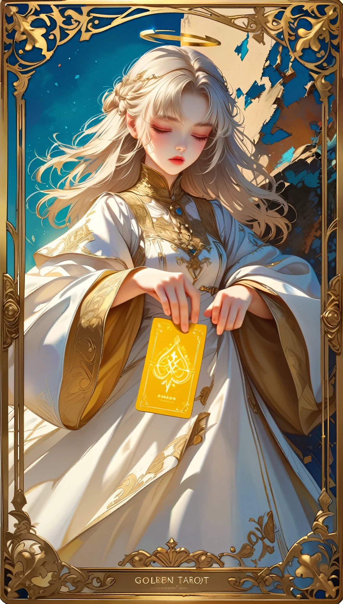 Style 3,Style 10, 1 girl, boundary, golden boundary, Gold Card, golden tarot, Priest, Holder, Golden Halo, Thick robe, Cowboy shooting, Broken into pieces, thick layeRed dress, Intricate details, Intricate details, detailed boundary, Red, Black, Princess, Princess hair, Long silver hair, boring, Soft colors, boring Soft colors, hood, eyes closed, Holder,