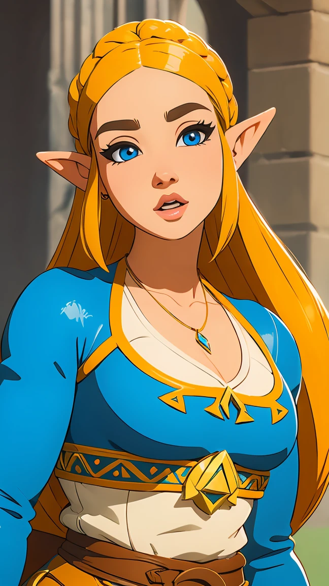 ((obra maestra)), ((mejor calidad)), (detallado), perfecto, solo, zelda, mujer hermosa, labios deliciosos, pelo largo, pecho enorme, escote profundo, pecho enormes, sexy,