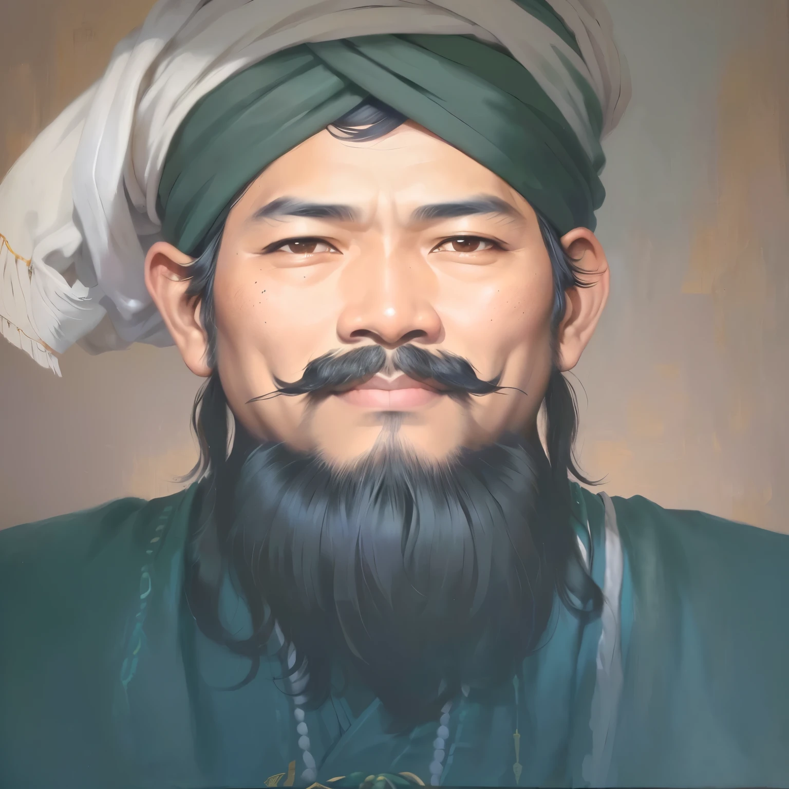 painting of a man with a turban and a mustache, raden saleh, by I Ketut Soki, traditional art, inspired by Kailash Chandra Meher, god emperor bongbong marcos, inspired by Bikash Bhattacharjee, inspired by Basuki Abdullah, inspired by Oka Yasutomo, painting of a man, potrait