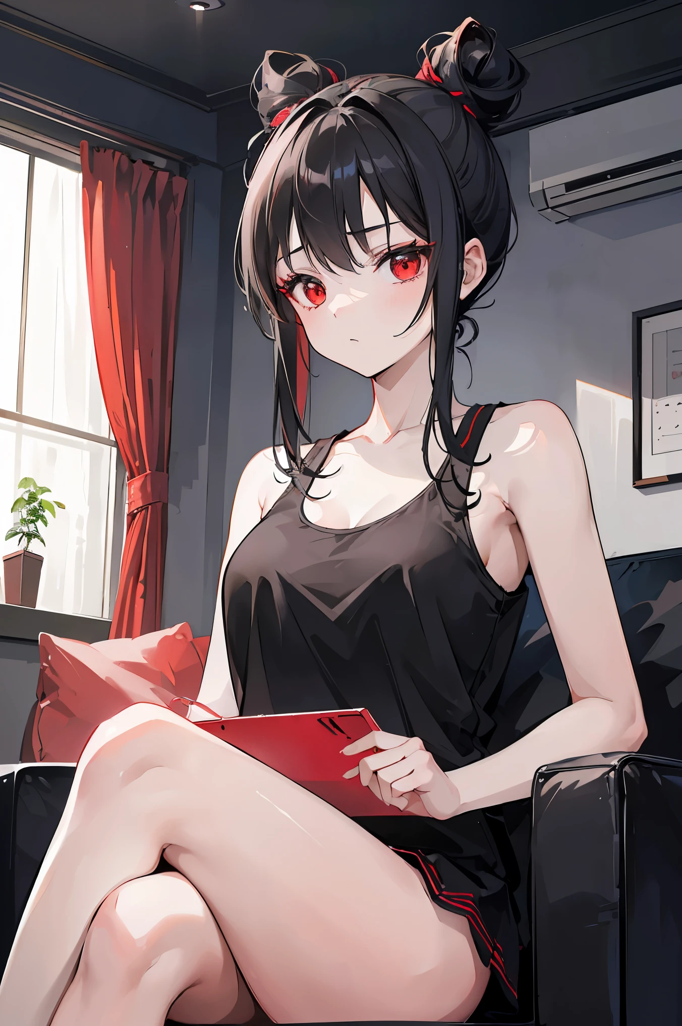 (Girl1,triangle face,red eyes,front view,black hair,top Knot hairstyle,black tank,In the living room,sitting on the couch,very afraid),anatomical correct, textured skin,super detail,high quality,high details,best quality,highres,UHD,1080P