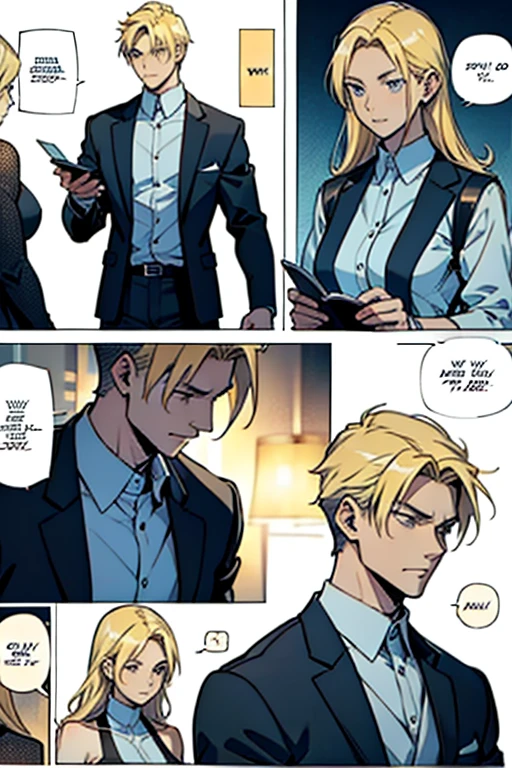 Blonde guy being suduced by a woman, manga page with panels and dialogue