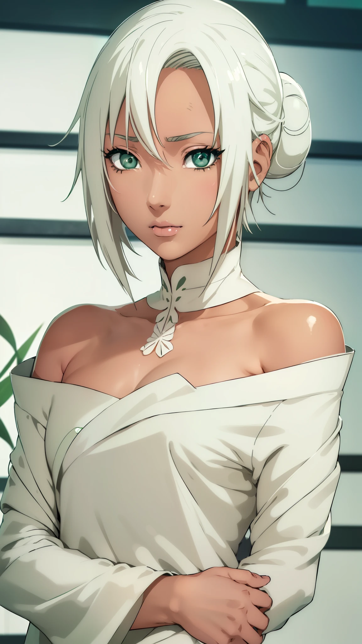 sexy outfit,Mabui, Mabui, short detailed hair, (green-eyed:1.5), White hair, Dark skin, hair-bun, Dark-skinned women,Resting in off-shoulder outfit (tmasterpiece:1.2), Best quality at best, A high resolution, Unity8k wallpapers, (illustratio:0.8), (Beautiful and delicate eyes:1.6),