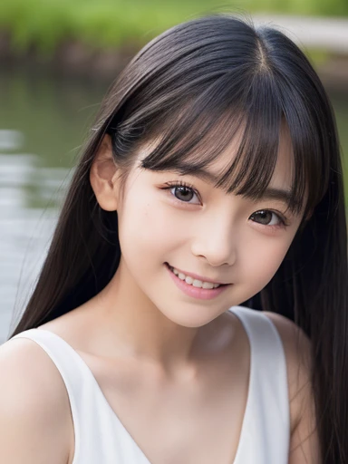 6 year old girl、、Small breasts、Black Hair、Iris、Straight Hair、ponytail、White dress、whole body、Are standing、Small face、Clean eyes、Small Mouth、evening、Riverbank、high resolution、4k、highest quality、超high resolution、Realistic、1 person、Young face、Flat chested、A big smile、