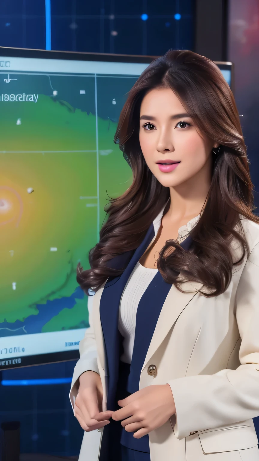 (best quality, 8k, highres, photorealistic), background, a scene of a TV weather forecast show, 1 female anchor standing in front of a weather map board, long hairs with hi-lights , wearing a chic designed business suit, looking at the weather map and describing it.