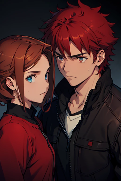 High quality, 14 year brother and sister, boy straight red hair intense red with brown eyes, girl short curly red-brown hair, blue eyes