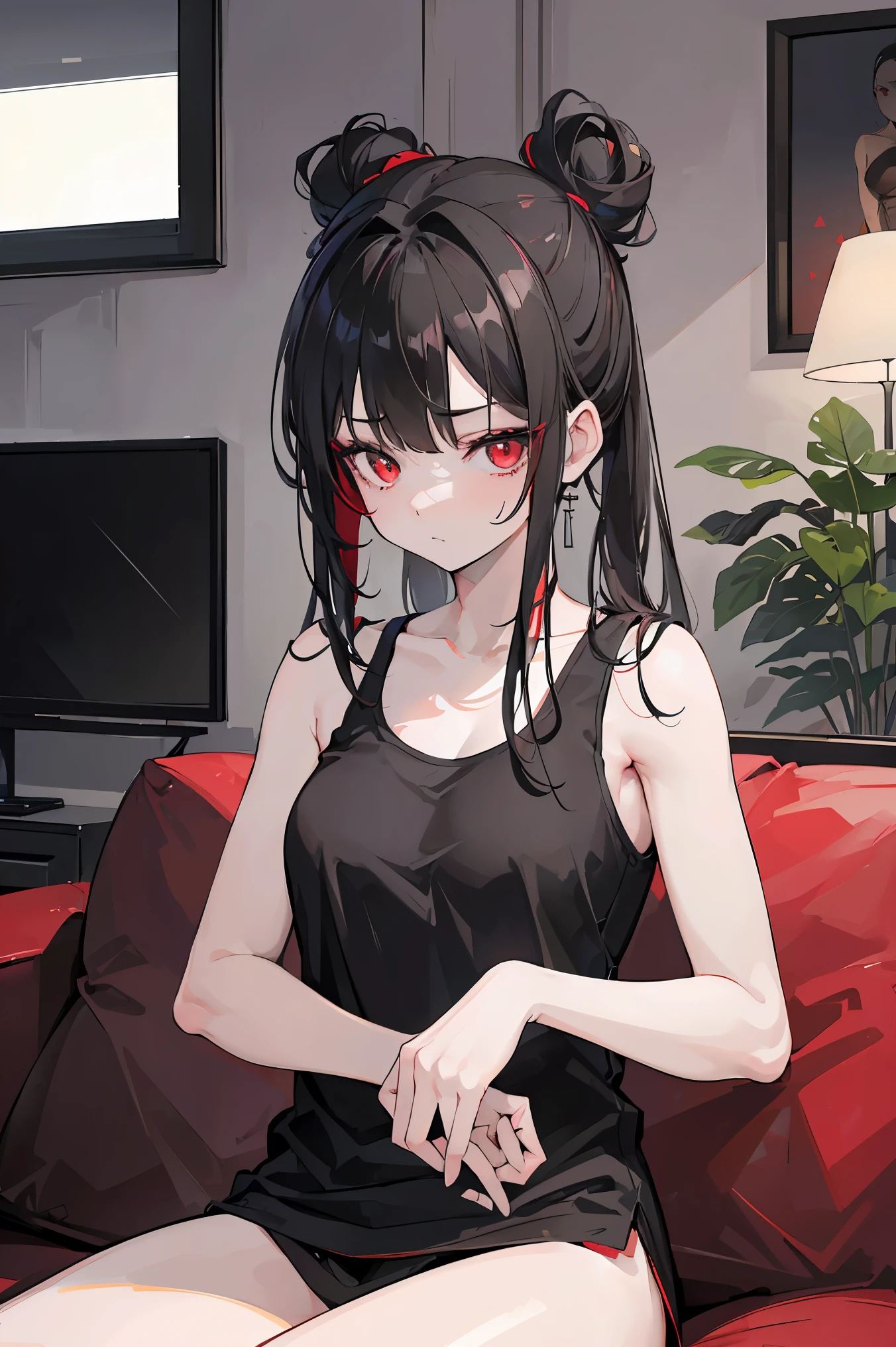 (Girl1,triangle face,red eyes,front view,black hair,top Knot hairstyle,black tank,In the living room,sitting on the couch,very afraid),anatomical correct, textured skin,super detail,high quality,high details,best quality,highres,UHD,1080P