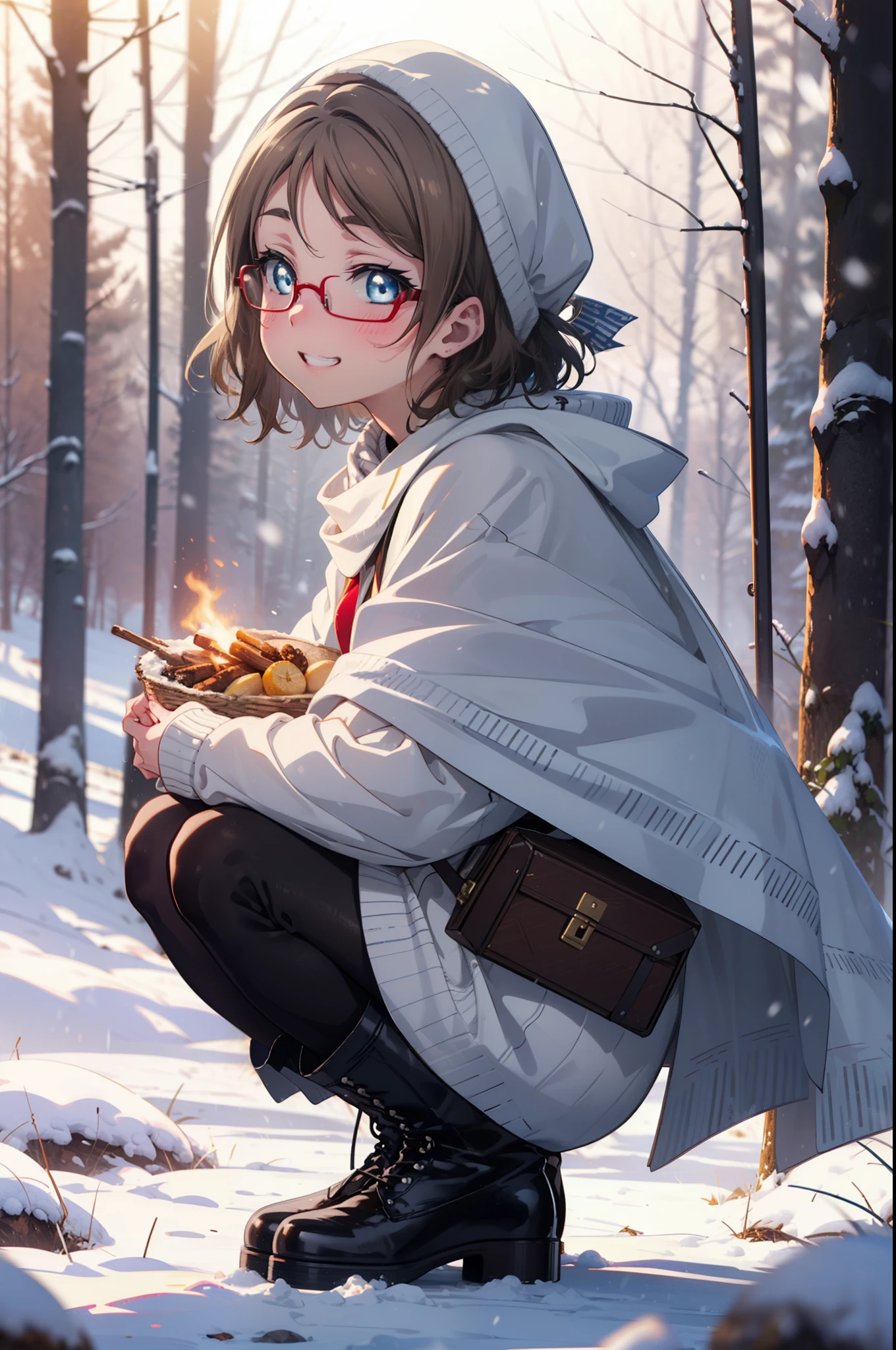 Yo Watanabe, Yu Watanabe, short hair, blue eyes, Brown Hair, smile, Grin,Medium Breast,Black-rimmed glasses,
Open your mouth,snow,Ground bonfire, Outdoor, boots, snowing, From the side, wood, suitcase, Cape, Blurred, having meal, forest, White handbag, nature,  Squat, Mouth closed, Cape, winter, Written boundary depth, Black shoes, red Cape break looking at viewer, Upper Body, whole body, break Outdoor, forest, nature, break (masterpiece:1.2), highest quality, High resolution, unity 8k wallpaper, (shape:0.8), (Beautiful and beautiful eyes:1.6), Highly detailed face, Perfect lighting, Extremely detailed CG, (Perfect hands, Perfect Anatomy),